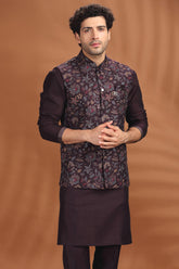 Dark Purple Silk Embroidered Kurta Pajama with Jacket
